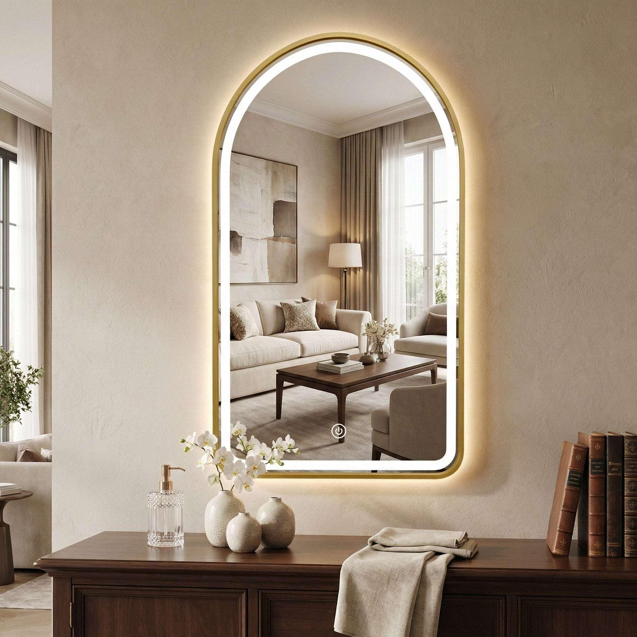 Semi-Round LED Dimmable Wall Mirror - Front-Lit Golden Aluminum Frame Vanity Mirror - Glassma